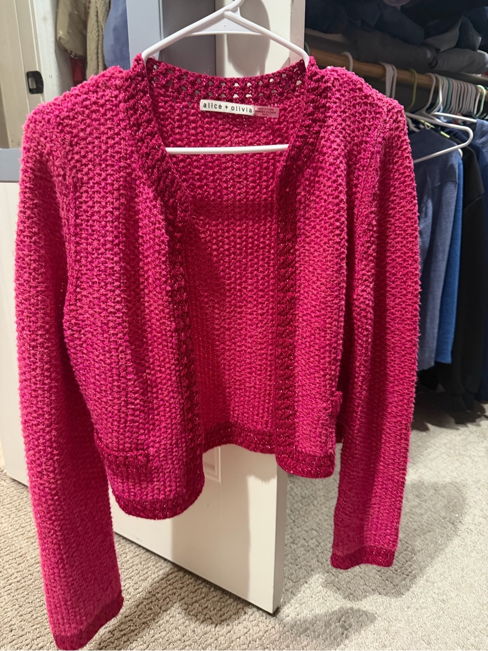 Alice + Olivia Fuchsia Open-Front Textured Knit Cardigan